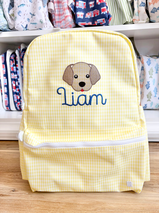 TRVL Buttercup Gingham Backpacker - Baby Font Name with Dog Design