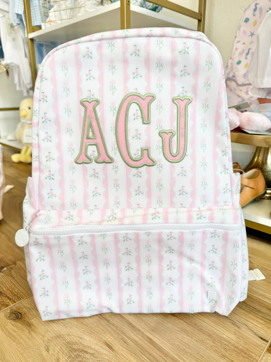 TRVL Pink Ribbon Floral Backpack- 3 Applique Initials