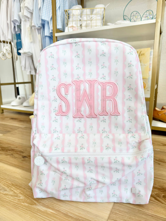 TRVL Pink Ribbon Floral Backpack- 3 Applique Initials