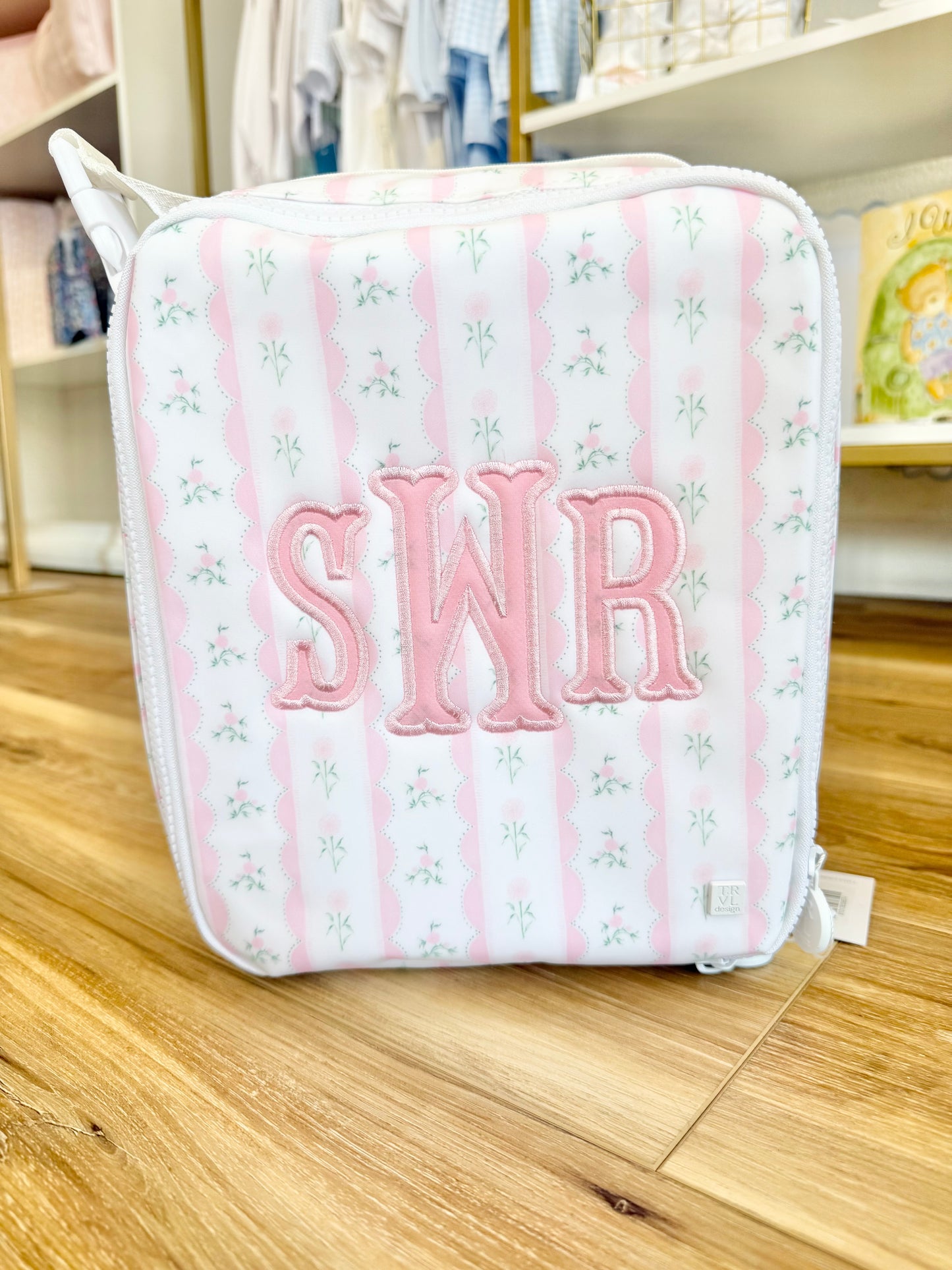 TRVL Pink Ribbon Floral Lunch Box- 3 Initial Applique