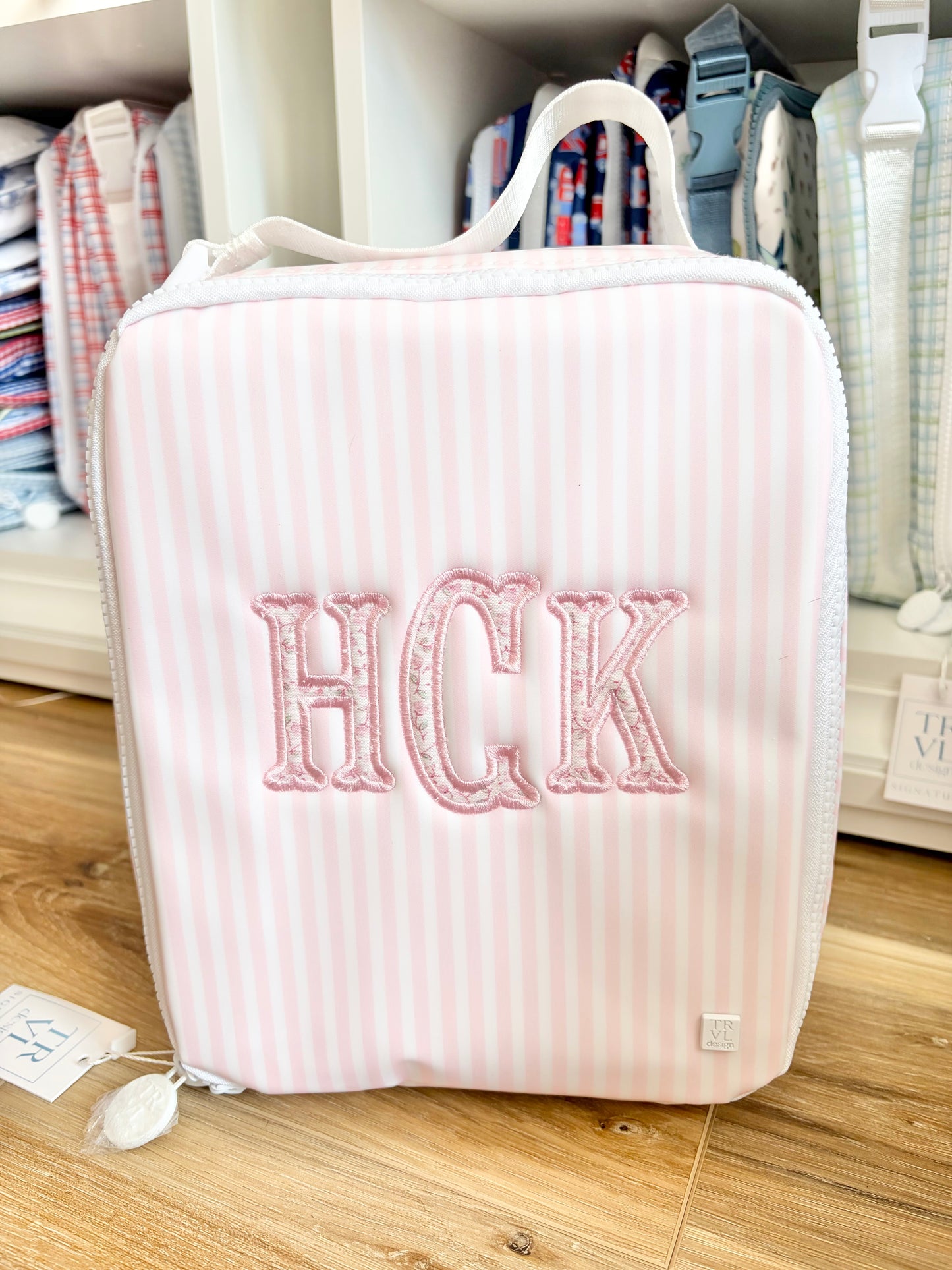 TRVL Pink Stripe Insulated Lunch Box - 3 Applique Initials