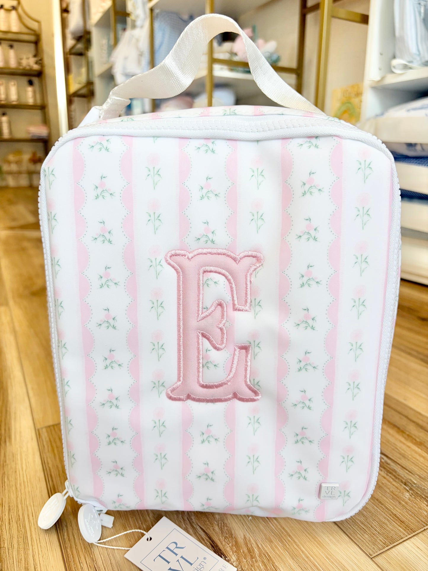 TRVL Pink Ribbon Floral Insulated Lunch Box with Fishtail Initial
