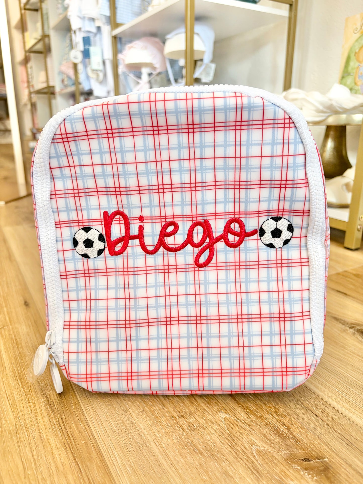 TRVL Classic Red Plaid Bring It Lunch Box with Soccer Name