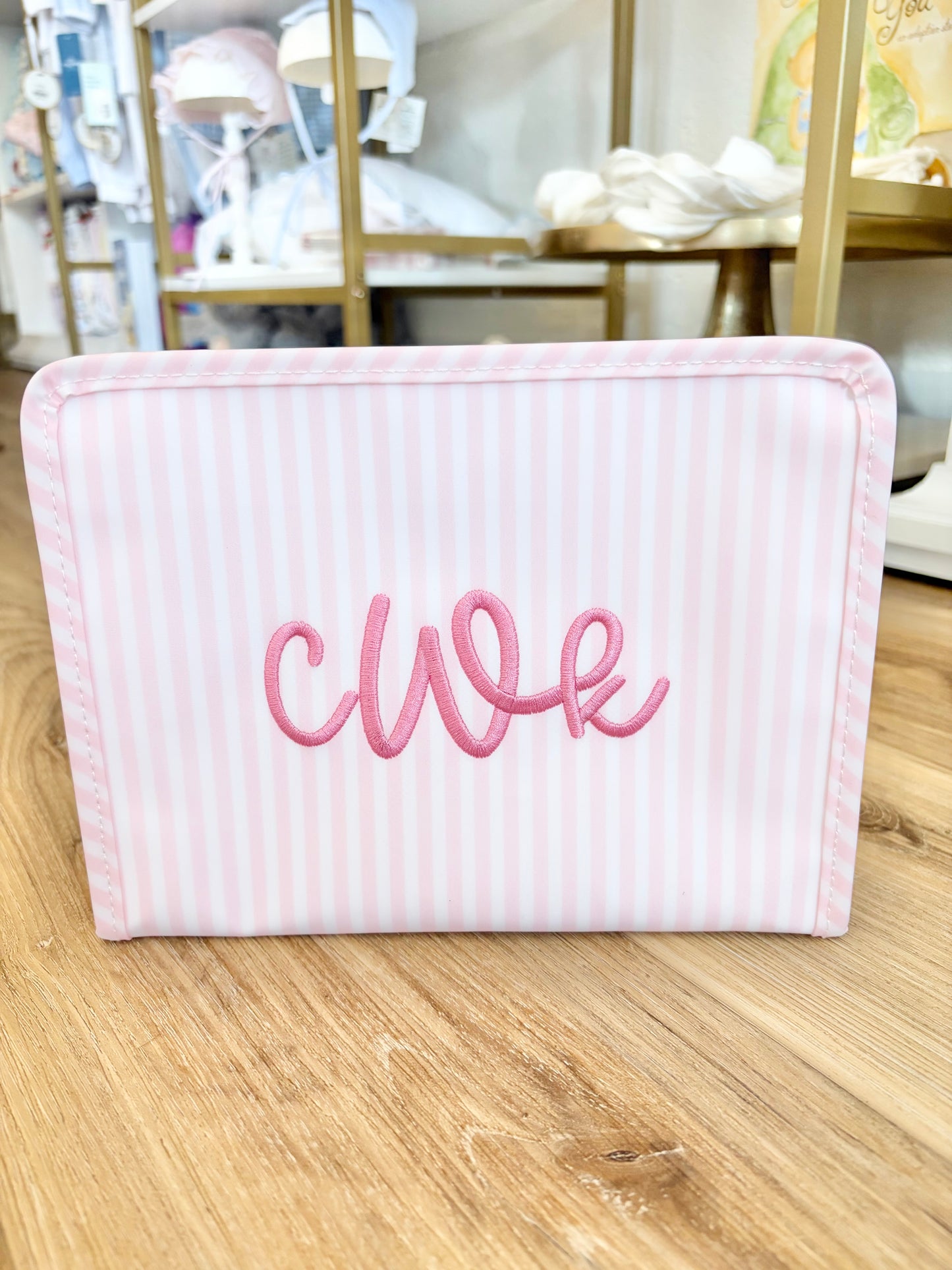 TRVL Pimlico Pink Stripe Medium Roadie with Bubbly Monogram