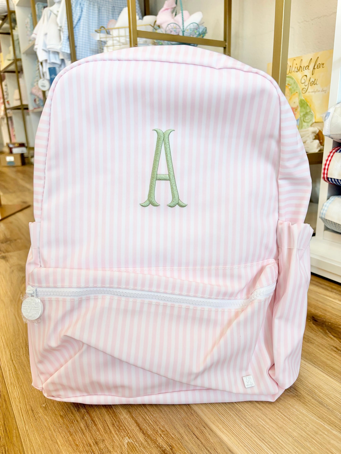 TRVL Pimlico Pink Stripe Backpack with Fishtail Initial