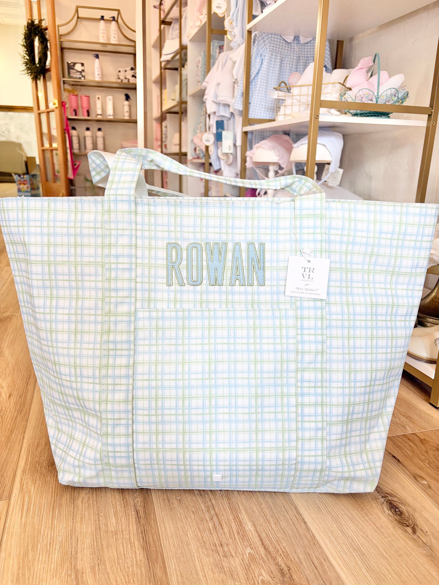 TRVL Classic Green Plaid XL Tote with Single Name