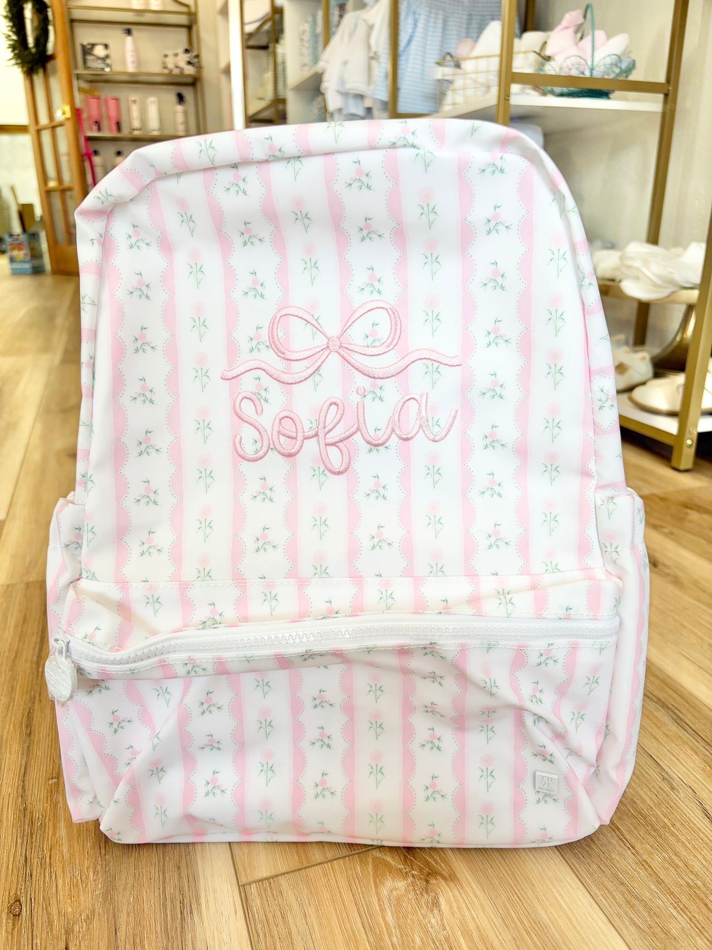 TRVL Pink Ribbon Floral Backpack with Name and Bow