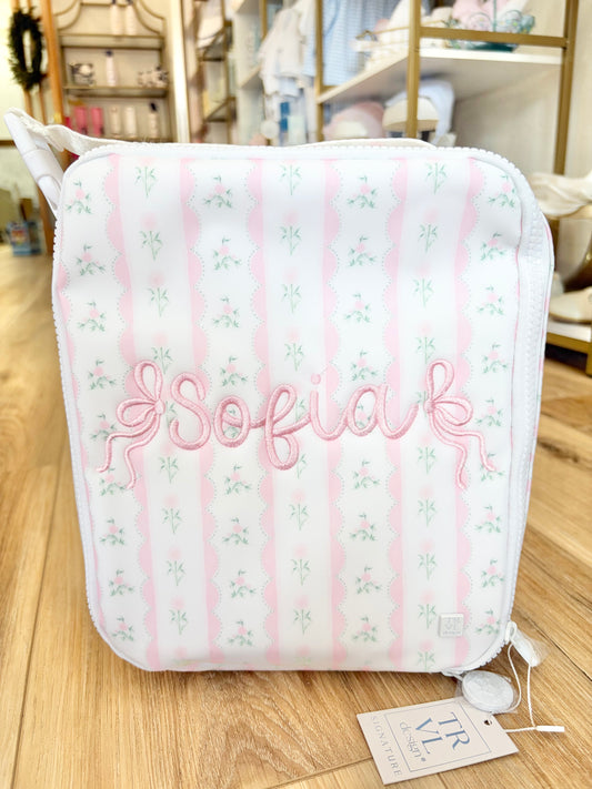 TRVL Pink Ribbon Floral Insulated Lunch Box with Bubbly Font Name