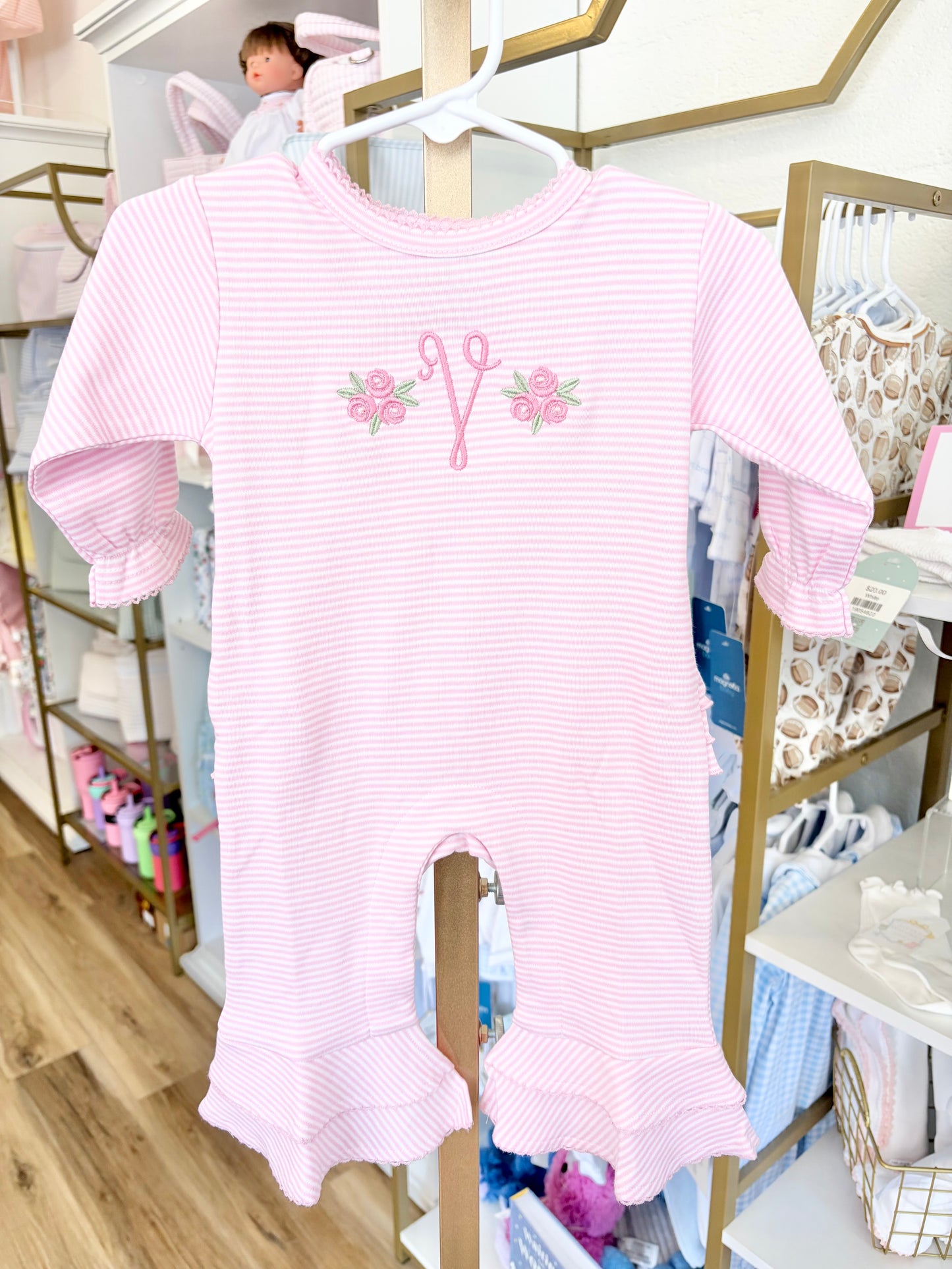 Rose Initial Pink Stripe Ruffle Booty Romper