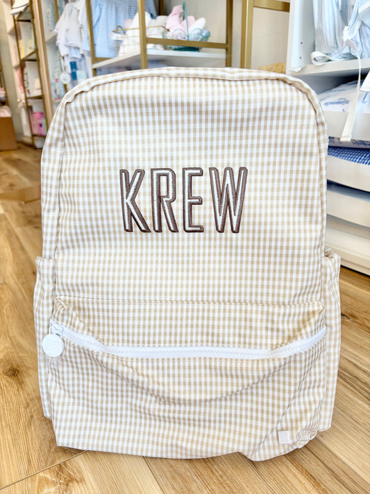 TRVL Gingham Pearl Backpack with Maxwell Font