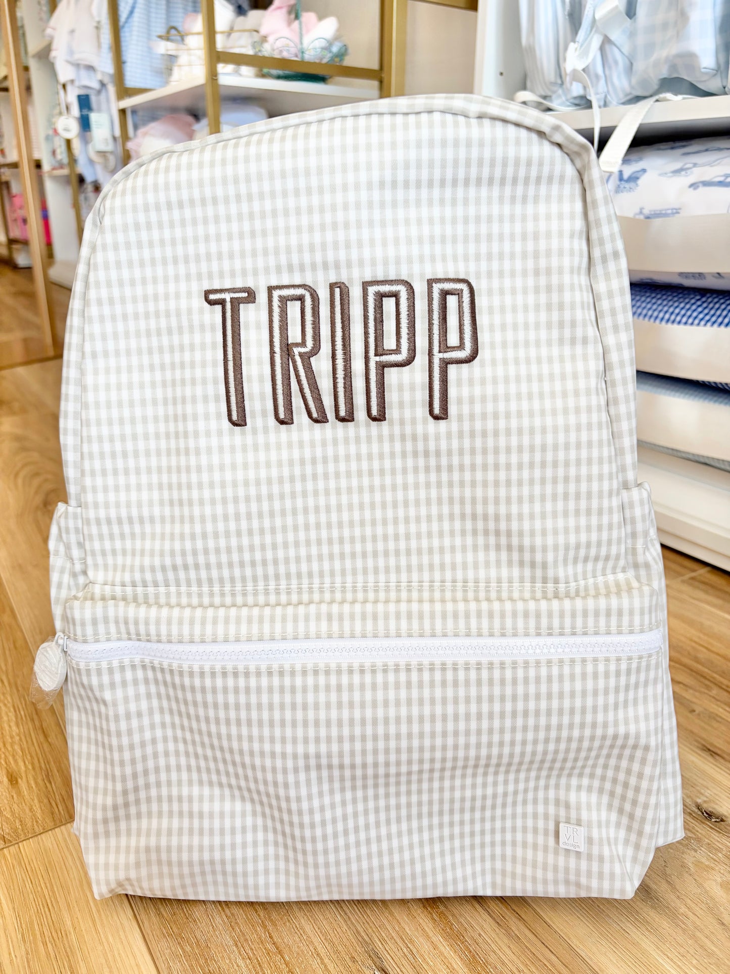 TRVL Gingham Grey Pearl Backpack with Maxwell Font