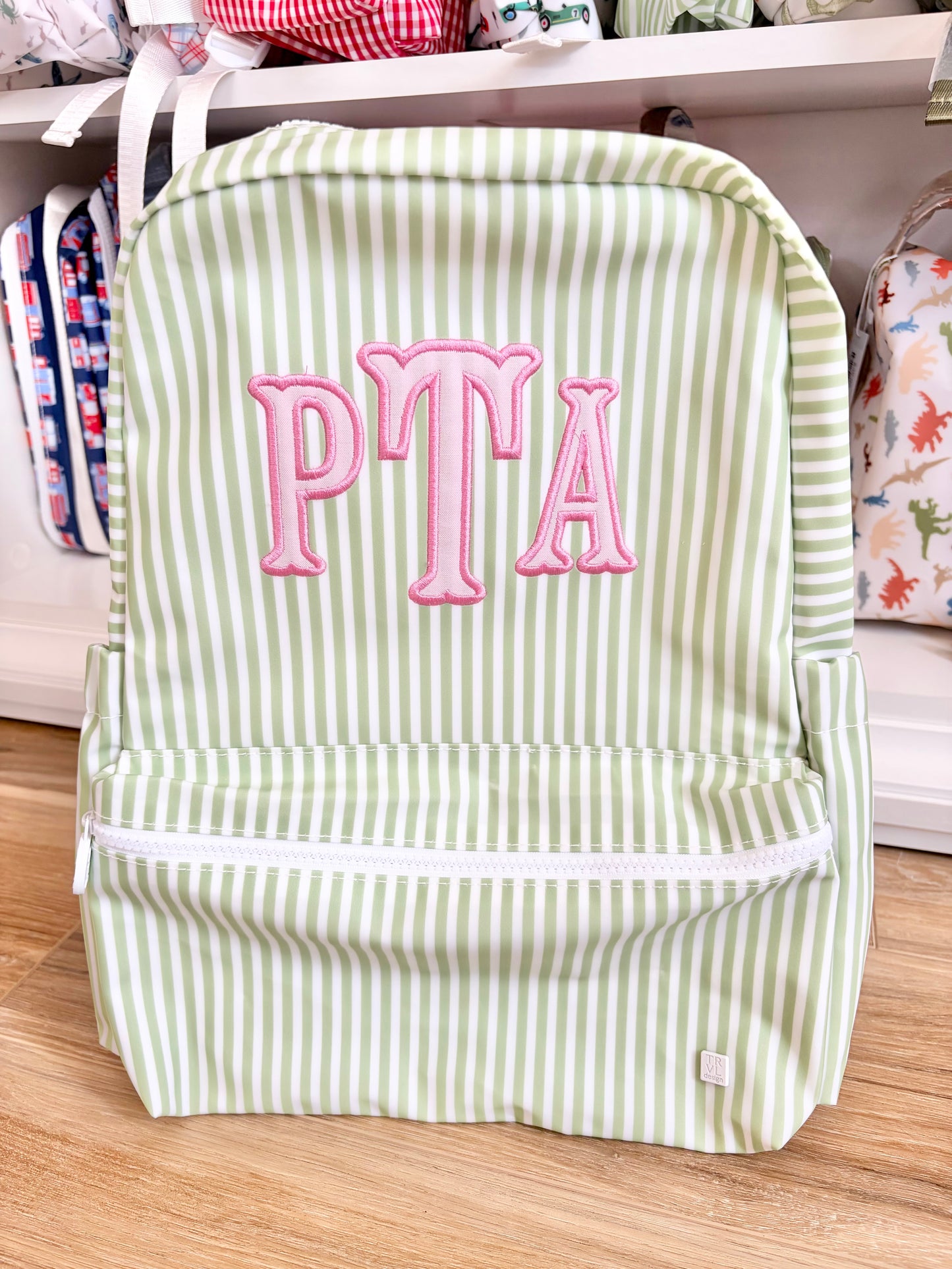 TRVL Sage Stripe Backpack with 3 Initials