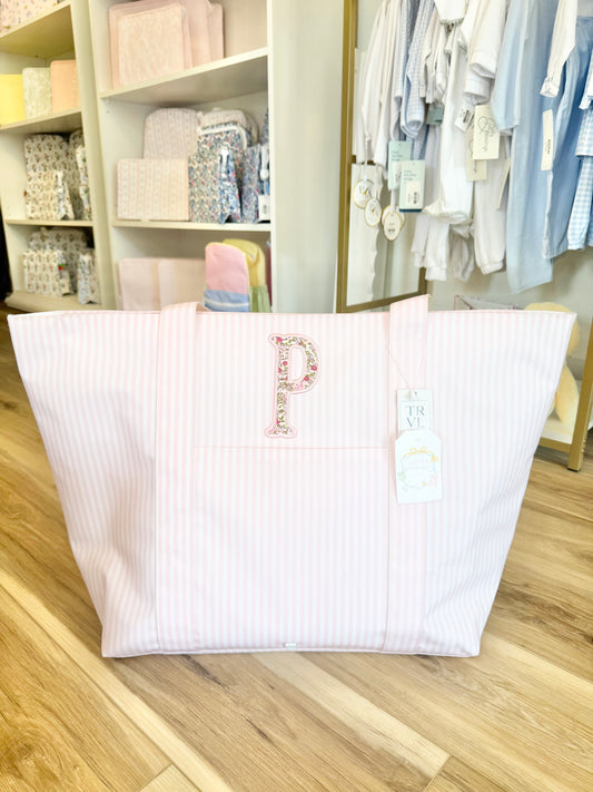 TRVL XL Pink Pimlico Stripe Tote- Single initial Appliqué