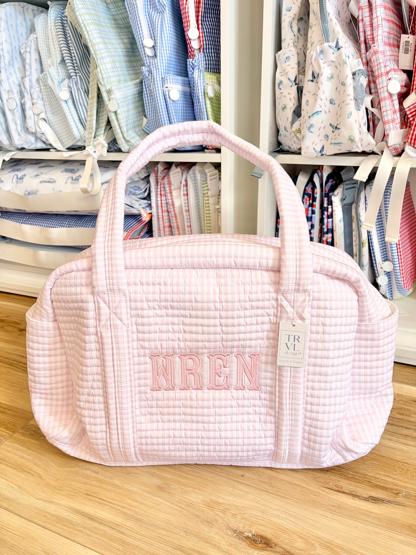 TRVL Pink Stripe Quilted Grande Duffel Bag- Name Applique