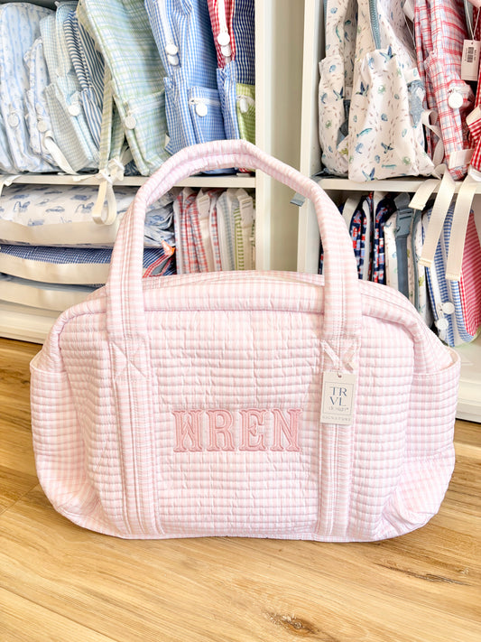 TRVL Pink Stripe Quilted Grande Duffel Bag- Name Applique
