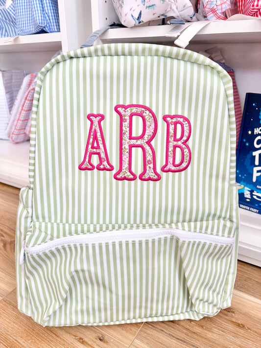 TRVL Sage Stripe Backpack with 3 Initials