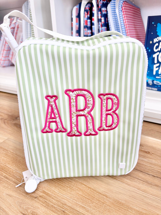 TRVL Sage Stripe Insulated Lunch Box with 3 Initial Applique