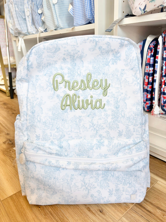 TRVL Blue Bunny Toile Backpack with Double Name