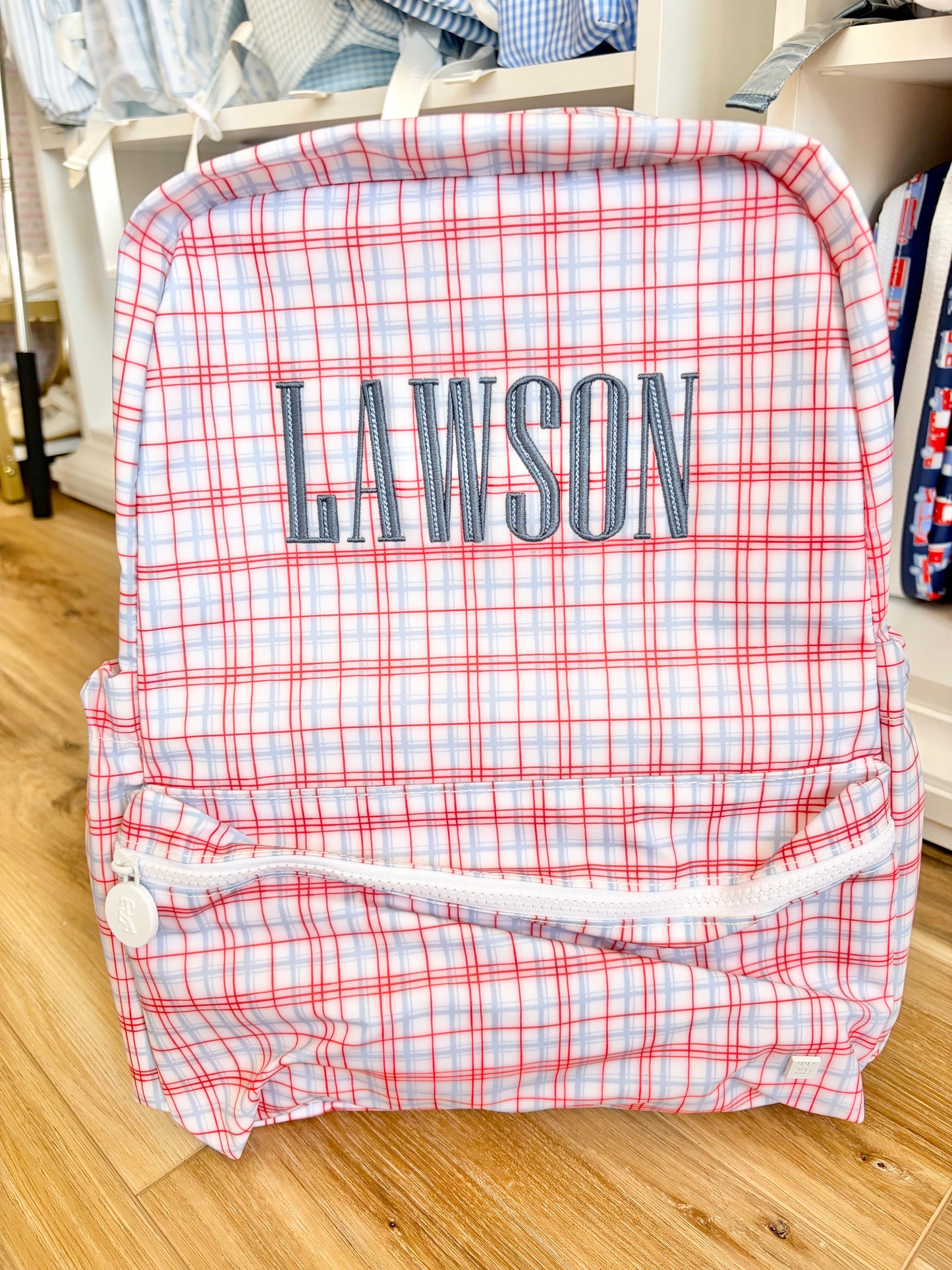 TRVL Classic Red Plaid Backpack with Wes Font