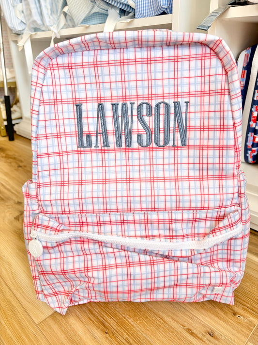 TRVL Classic Red Plaid Backpack with Wes Font