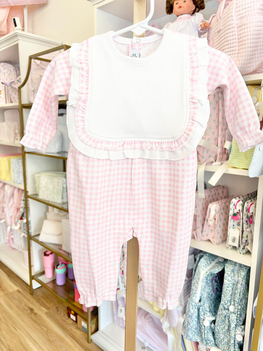 Pink Check Long Sleeve Ruffle Bib Romper