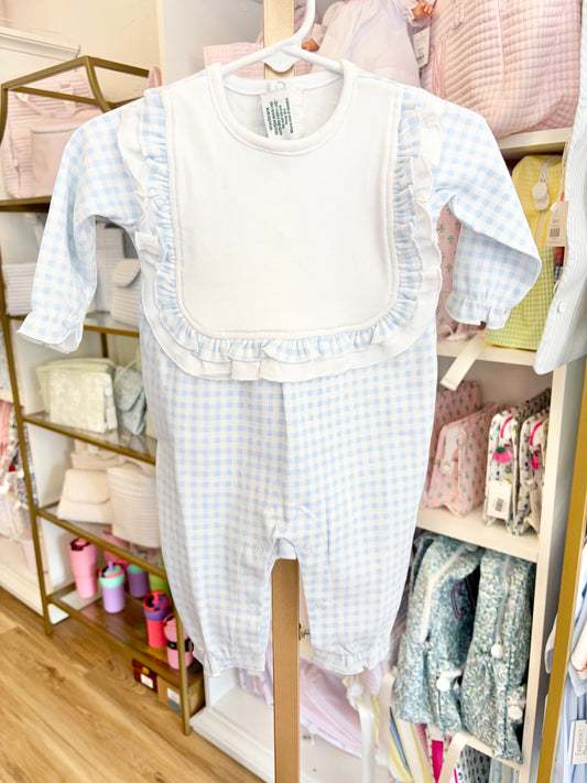 Blue Check Long Sleeve Ruffle Bib Romper