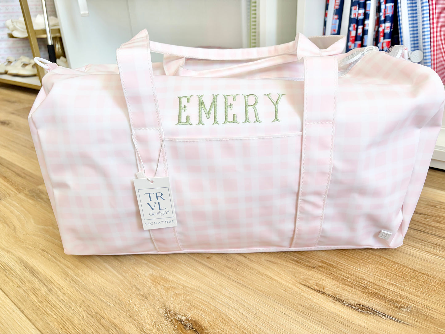 TRVL Pink Plaid Weekender Bag with Fishtail Font