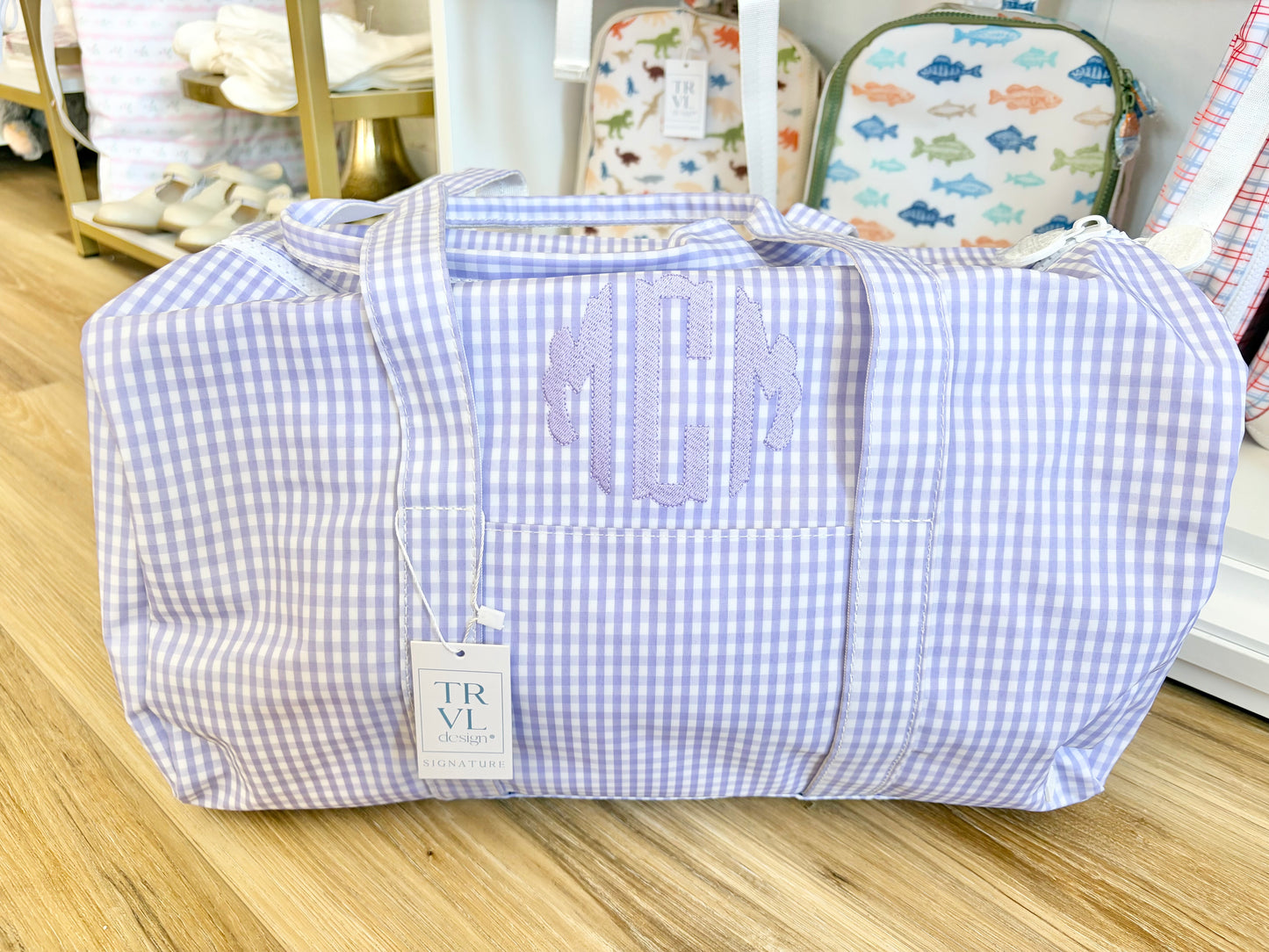 TRVL Gingham Lilac Duffle Bag with Scallop Initials