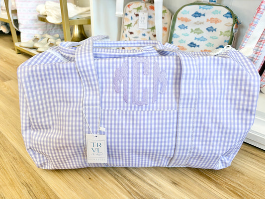 TRVL Gingham Lilac Duffle Bag with Scallop Initials