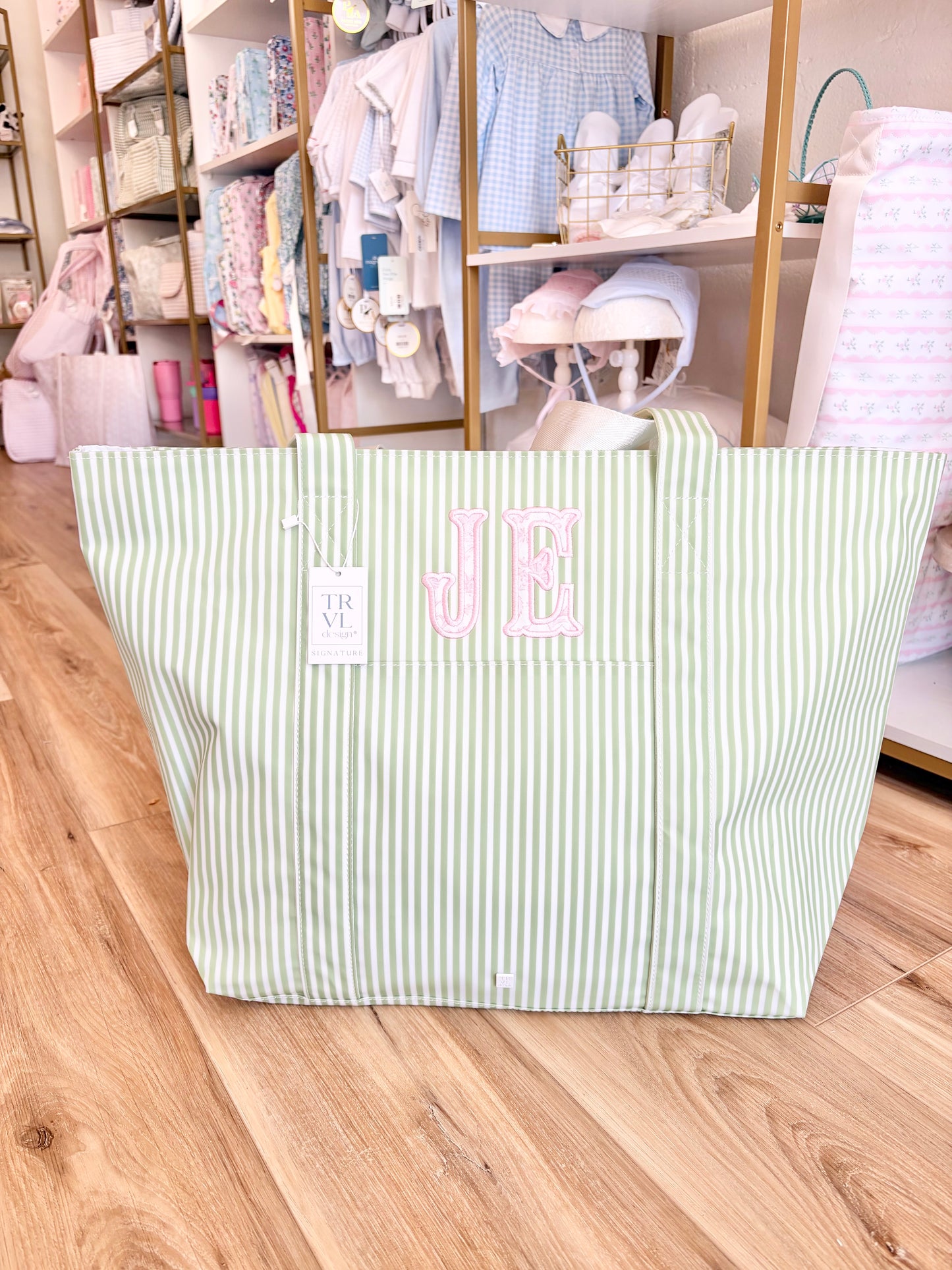 TRVL Pimlico Sage Stripe XL Tote with Two Initials