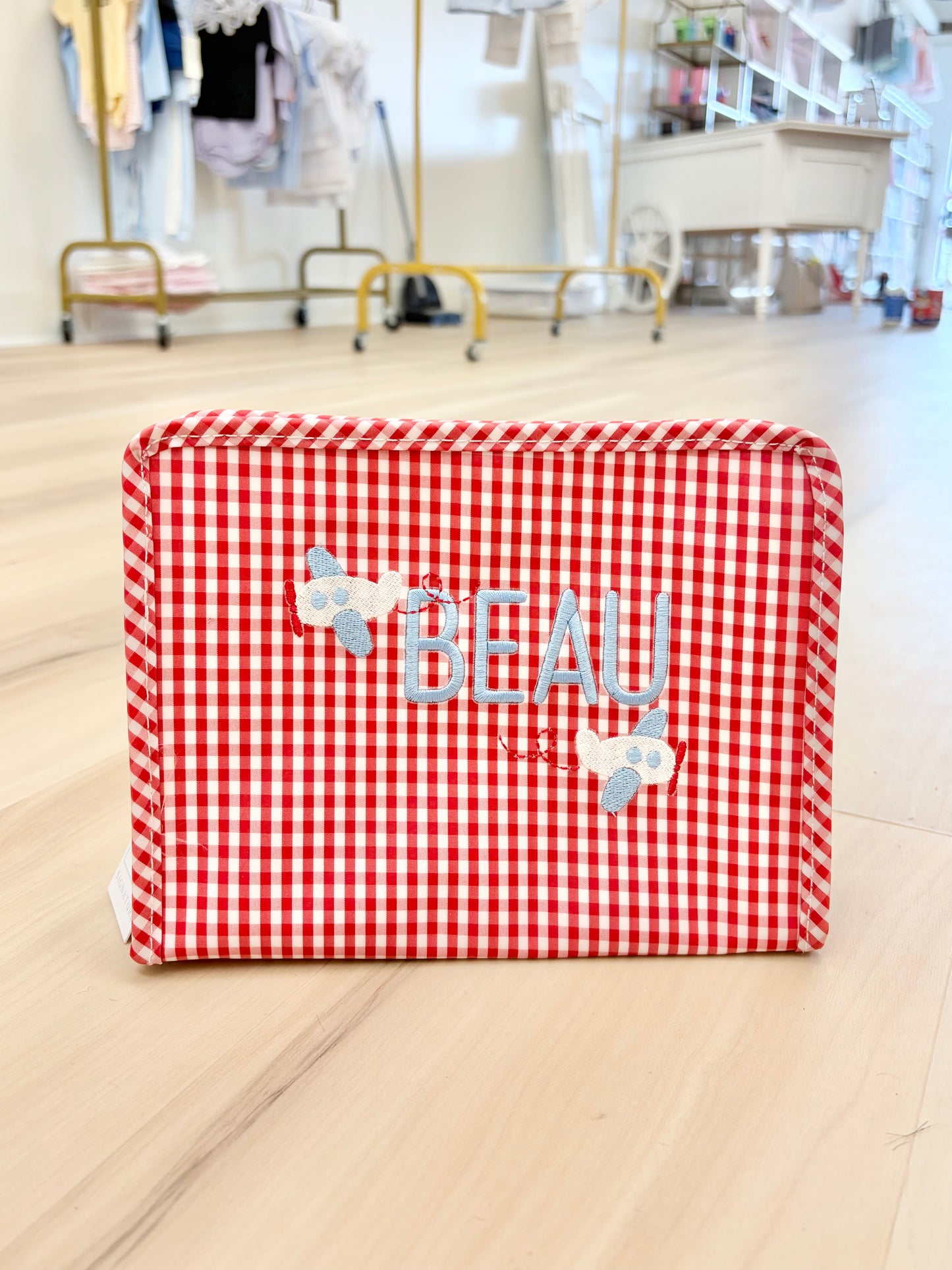 TRVL Red Gingham Medium Roadie - "Beau" with Airplanes