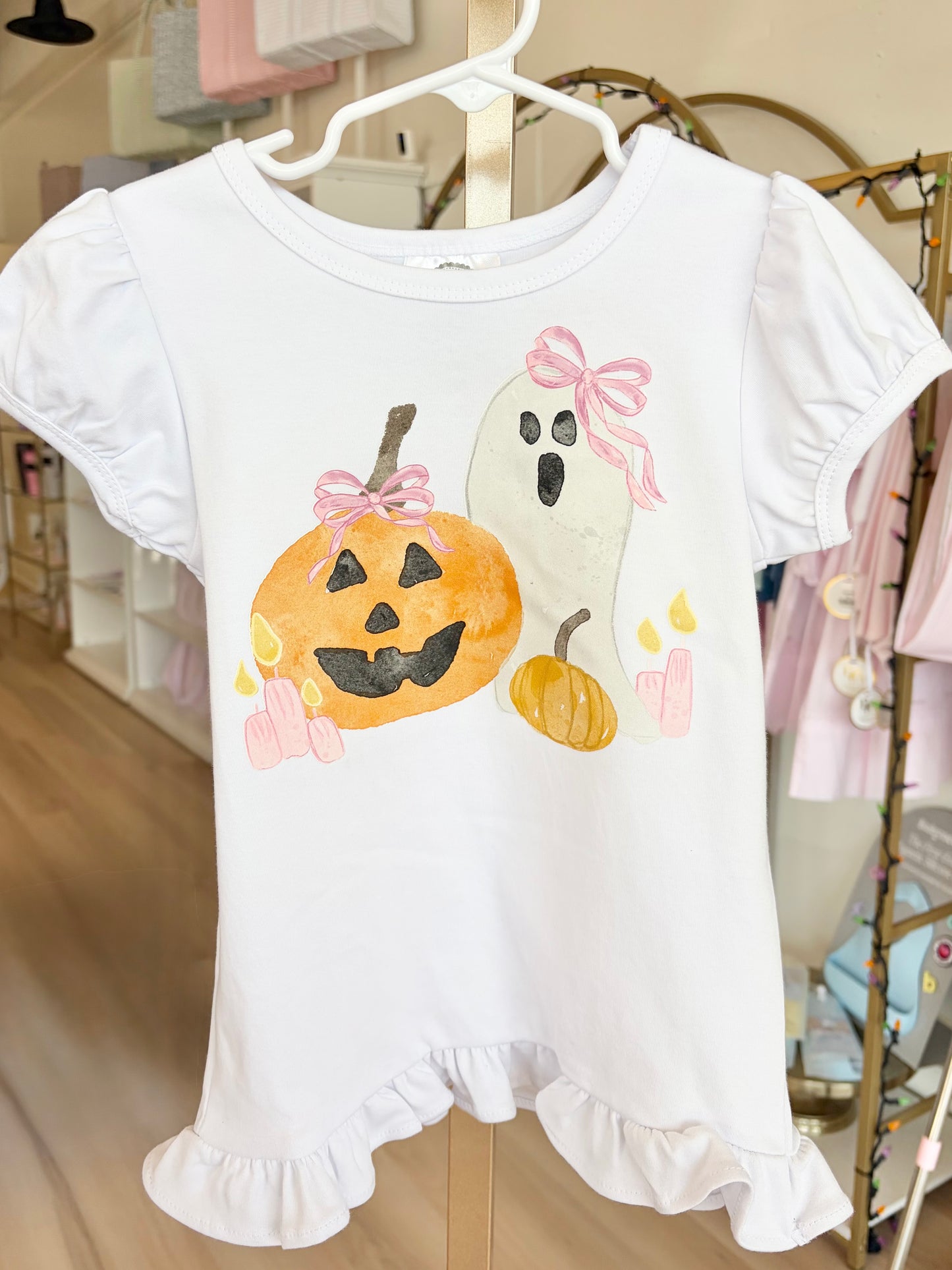 Girl's Pumpkin + Ghost Ruffle White Tee