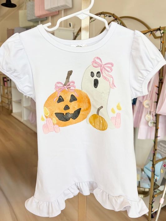 Girl's Pumpkin + Ghost Ruffle White Tee