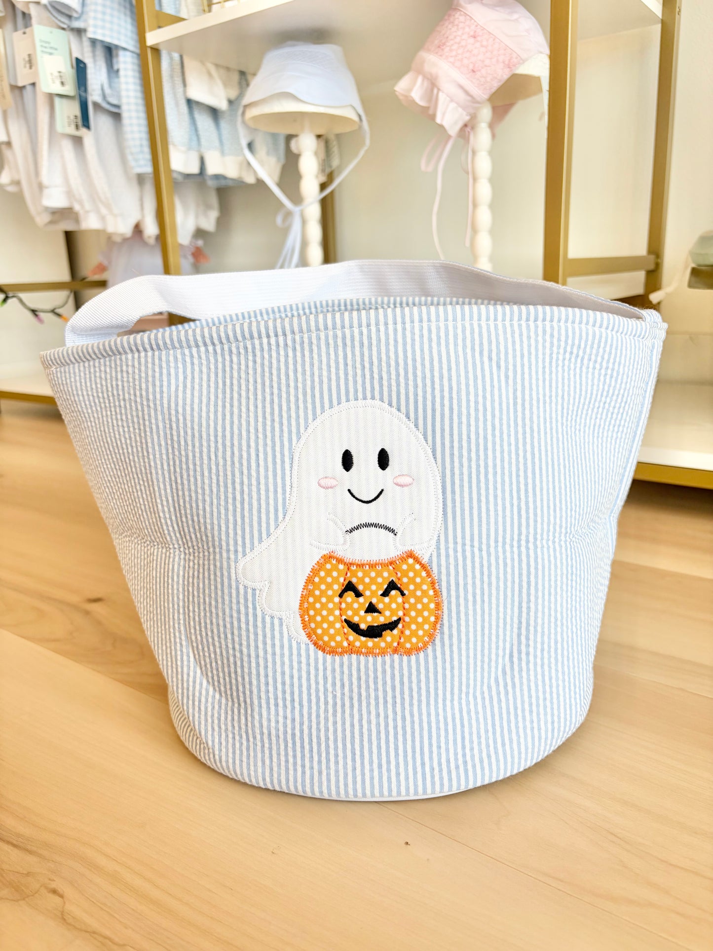 Blue Seersucker Halloween Applique Bucket