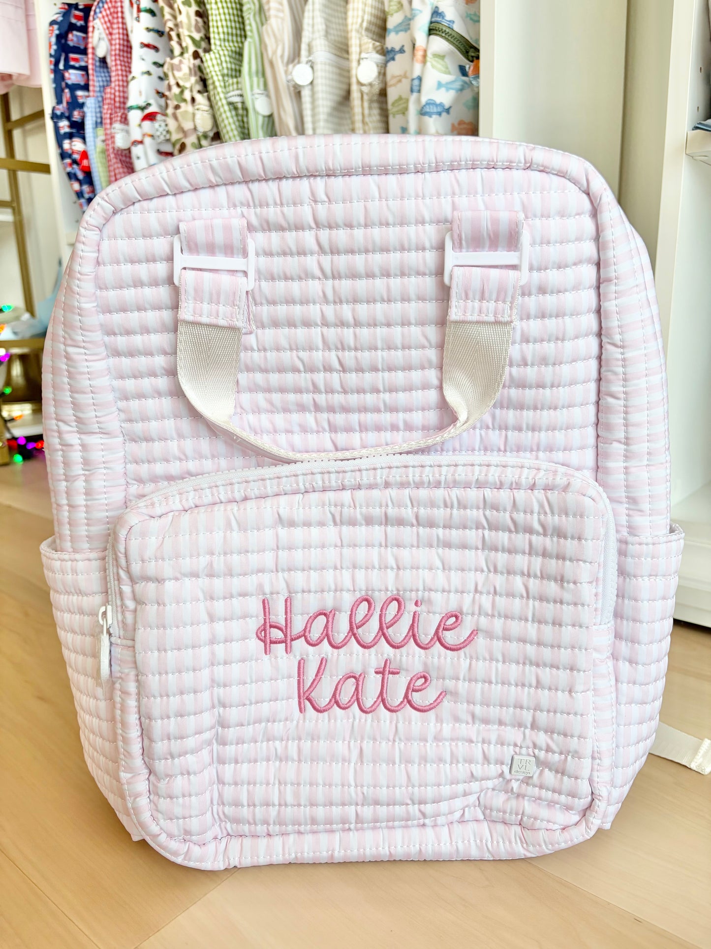 TRVL Pink Stripe Quilted All You Need Bag - Bubbly Font Name