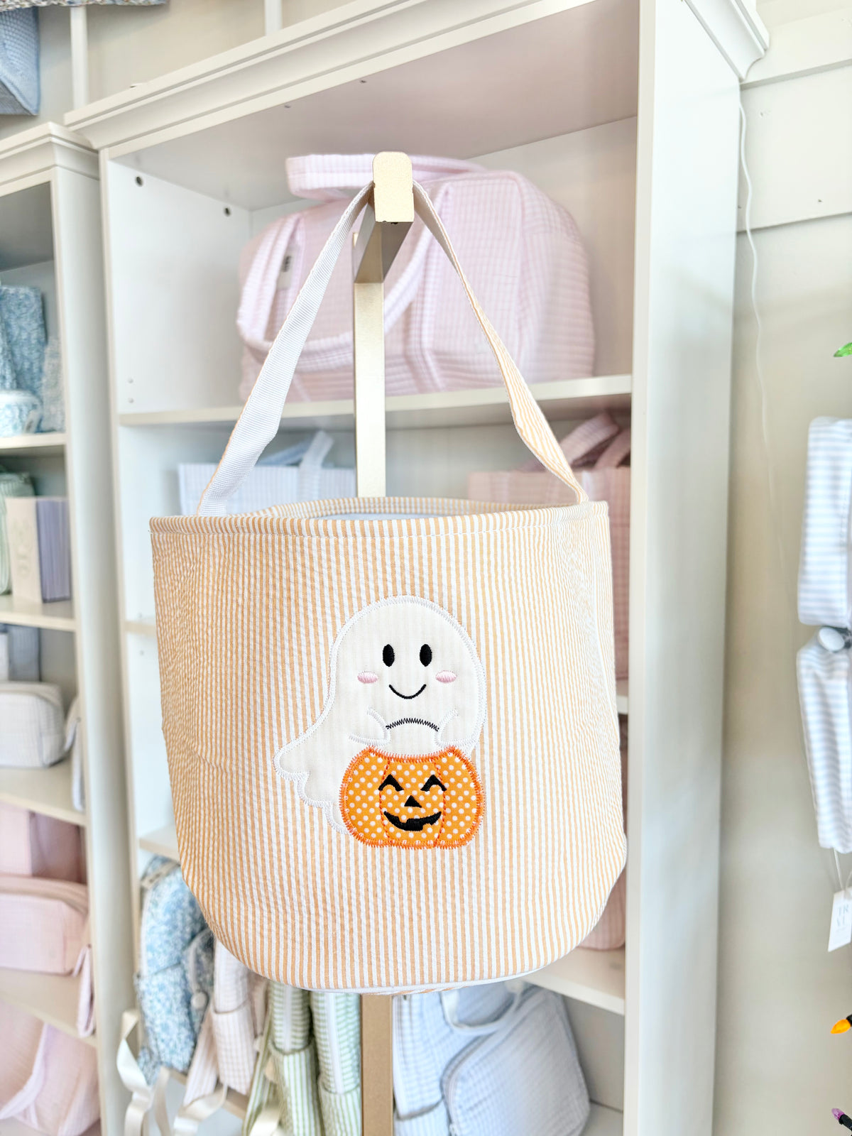 Orange Seersucker Halloween Applique Bucket