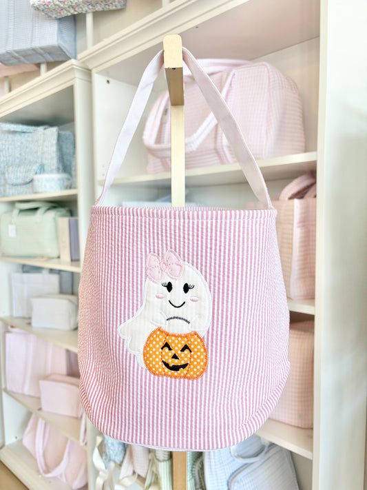Pink Seersucker Halloween Applique Bucket