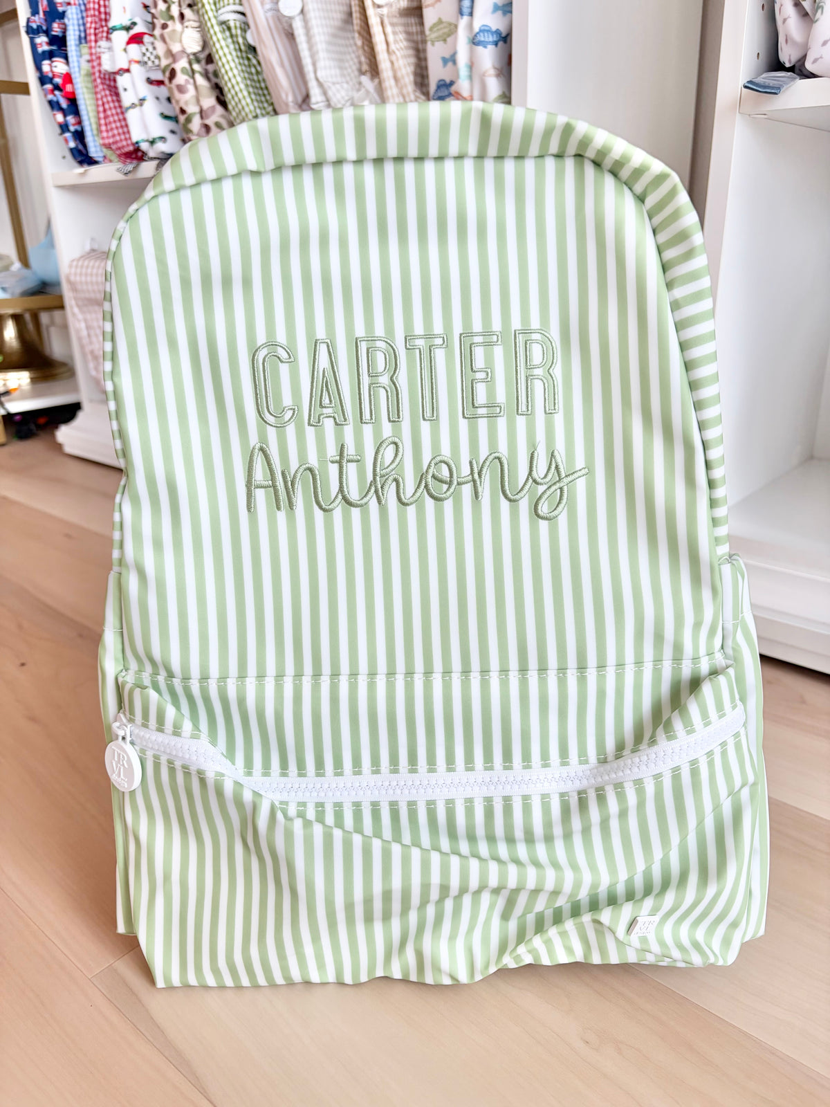 TRVL Sage Stripe Backpack - Miller - Bubbly Font Double Name