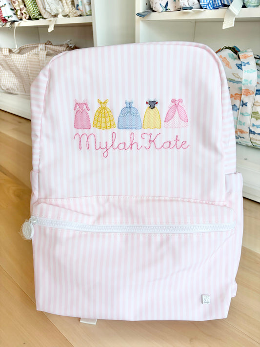 TRVL Pink Stripe Backpack - Princess Dresses - Sawyer Font