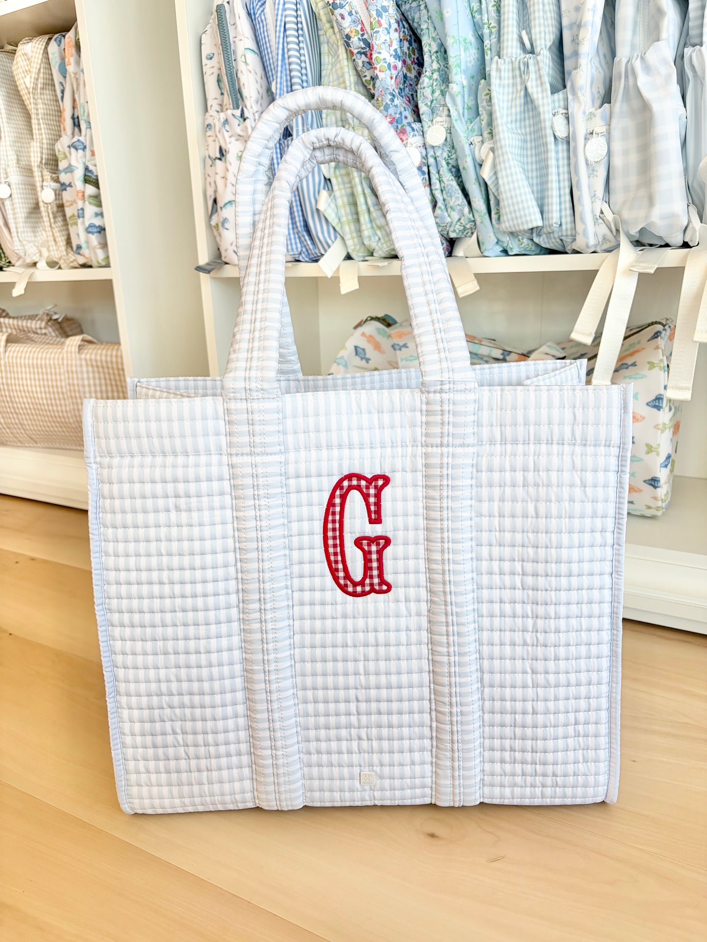 TRVL Pimlico Blue Stripe Quilted Tote with Red Gingham Single Initial