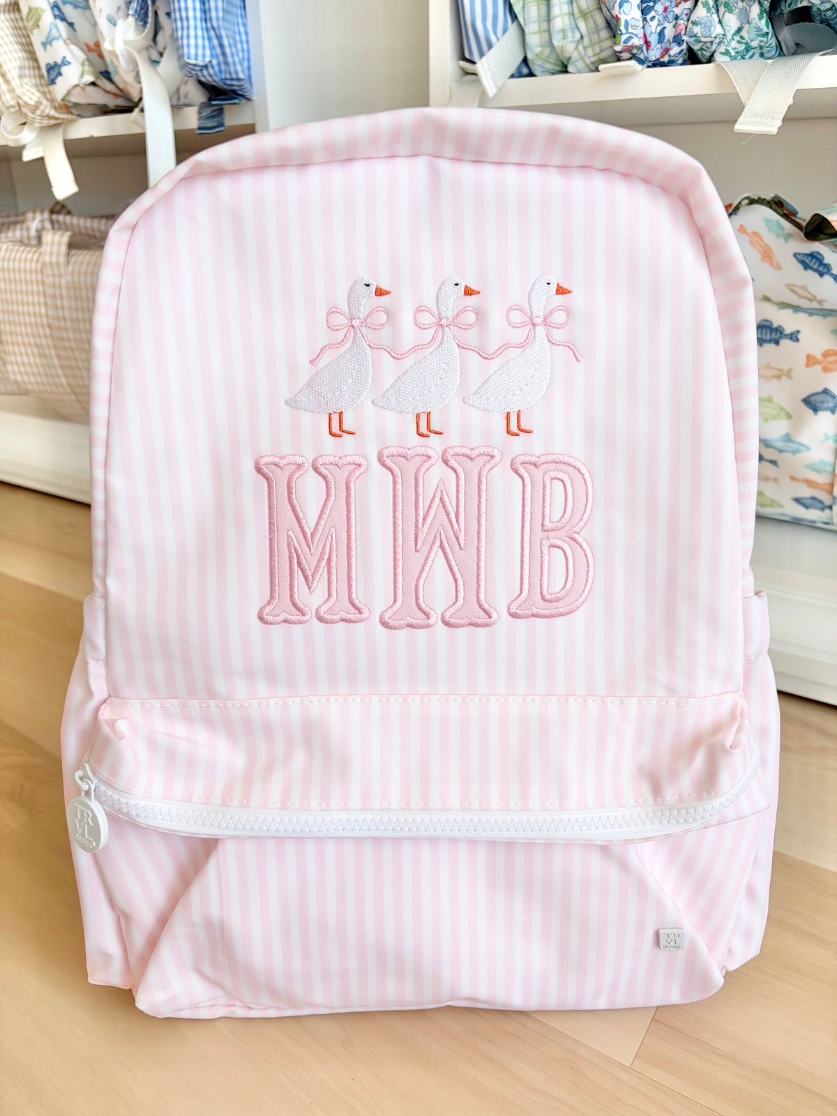 TRVL Pimlico Pink Stripe Backpack- 3 Initials with Goose Design