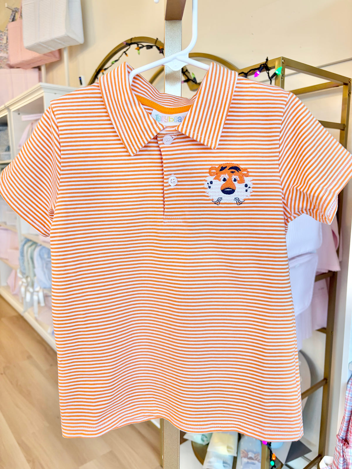 Orange Stripe Polo- Mini Mascot Embroidered Design