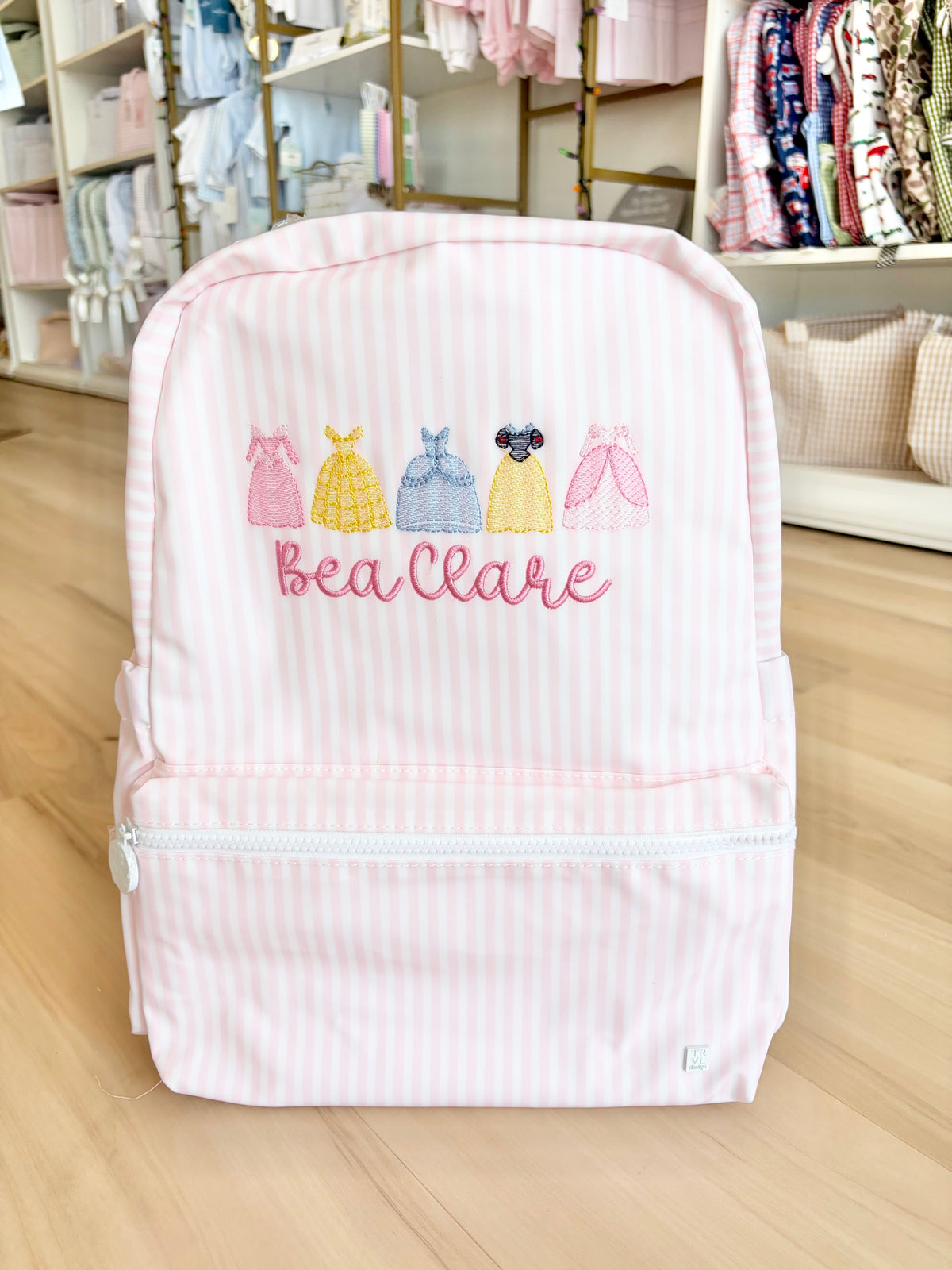 TRVL Pink Stripe Backpack- Princess Dresses with Bubbly Font Name