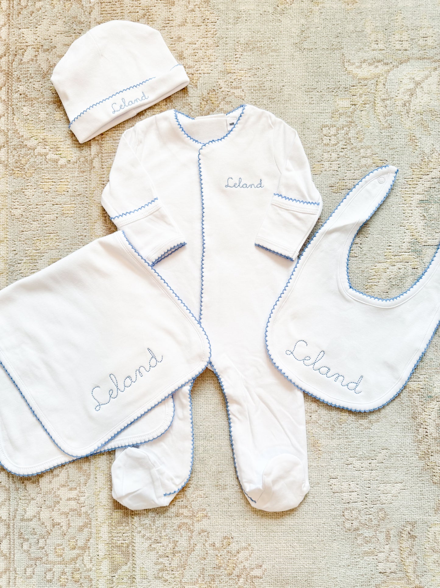 Blue Trim Baby Footie with Blue Mini Name