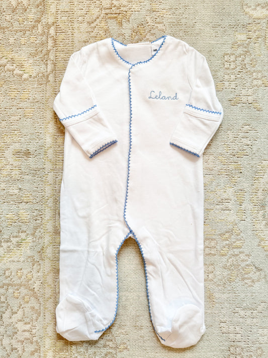 Blue Trim Baby Footie with Blue Mini Name