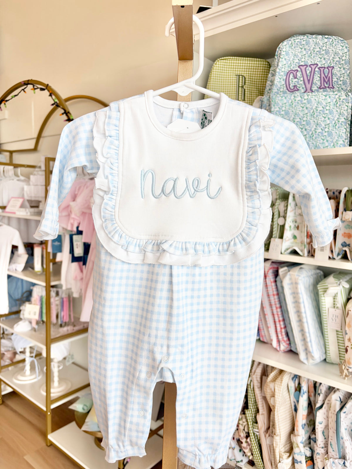 Blue Check Ruffle Bib Bubble Romper - Bubbly Font Name