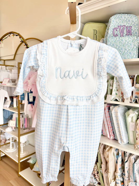 Blue Check Ruffle Bib Bubble Romper - Bubbly Font Name