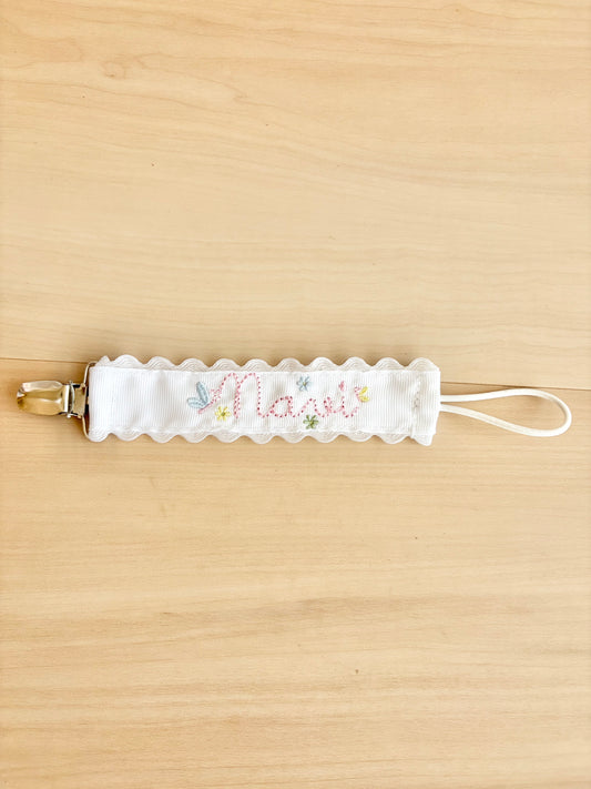 White Grosgrain Solid Paci Clip - Beckham Font Name w/ Butterflies