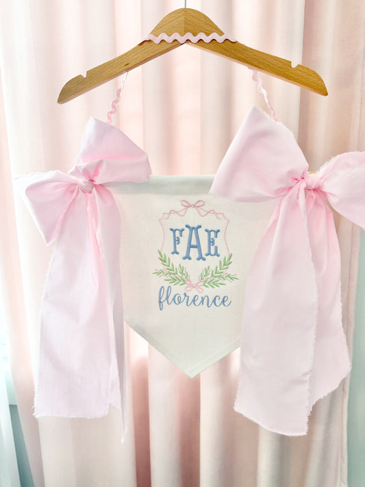 Embroidered Girl Bow Banner in Baby Pink, Green, & Blue