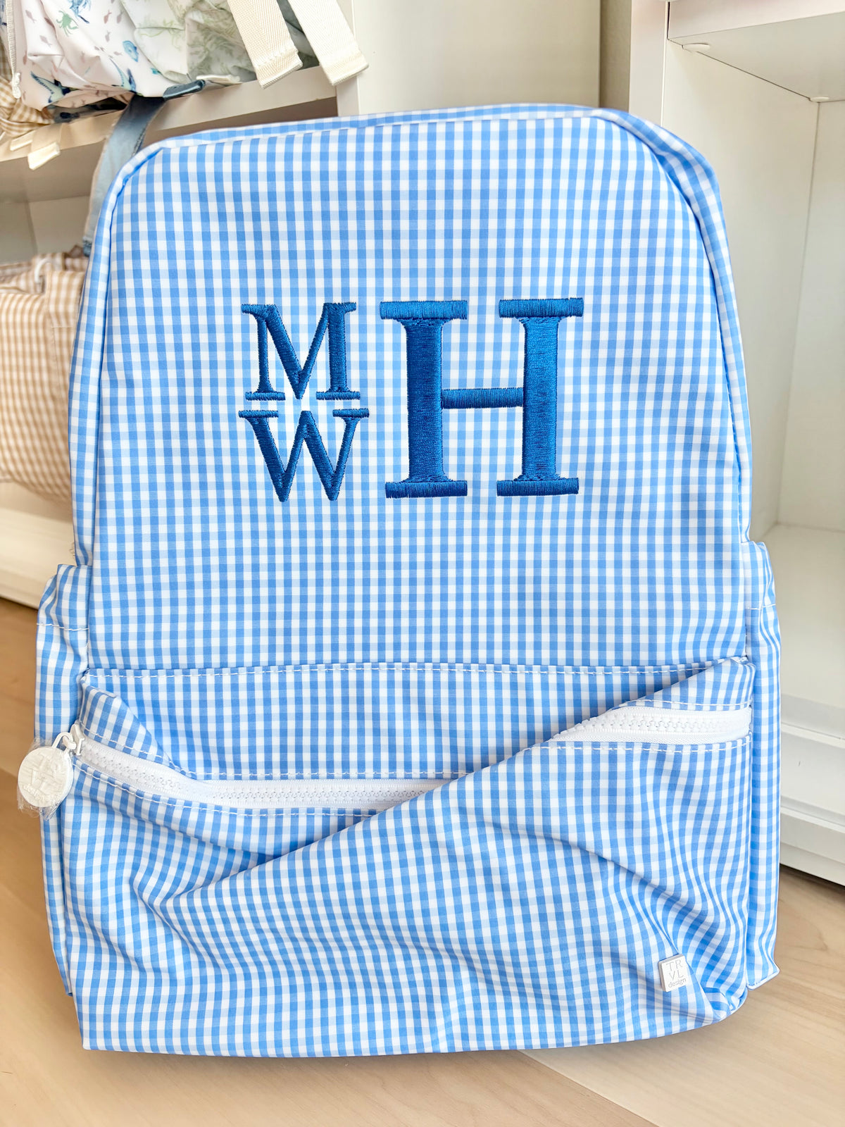 TRVL Gingham Sky Backpack with Stacked Times Font